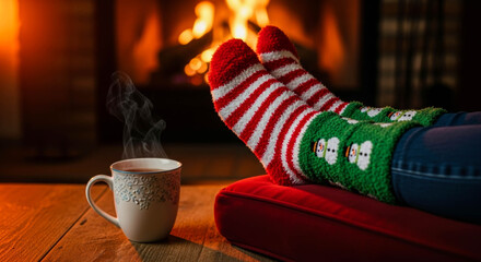 Close-up of legs wearing cozy, festive striped and snowman socks, resting on a red cushion near a steaming cup, with a warm fireplace flickering in the background.