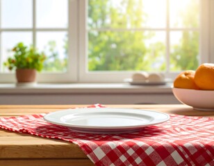A brightly lit kitchen scene with a wooden table, red checkered tablecloth, and a white plate in focus. A sunny window looks out onto greenery