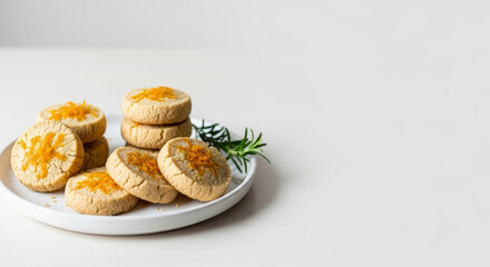 Round, crumbly cardamom orange shortbread cookies with bright orange zest and a rosemary sprig, presented on a white plate in a clean, minimalist style.