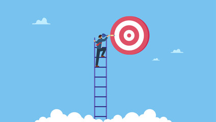 Businessman climb up ladder high into the sky to aiming for perfect bullseye target dartboard. Success ladder, aspiration to achieve target, business goal or work purpose, aim for perfection. © Saklarboy
