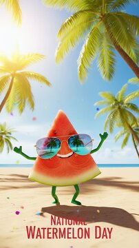 Celebrate National Watermelon Day: Fun Cartoon Character on Beach!