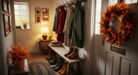 Cozy Autumn Entryway: An inviting entryway welcomes the season, adorned with a vibrant autumn wreath and a selection of coats and boots, creating a warm, homely atmosphere.