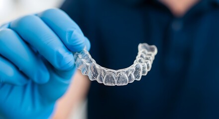 Blue gloved hand holding clear dental aligner image
