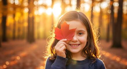 Autumnal Embrace: A cheerful young girl playfully holds a vibrant red leaf over one eye, embodying the spirit of autumn against a backdrop of golden foliage.