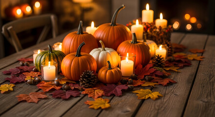 Autumnal table with pumpkins and candles: A charming autumnal arrangement features vibrant pumpkins in various sizes, complemented by the warm glow of flickering candles.