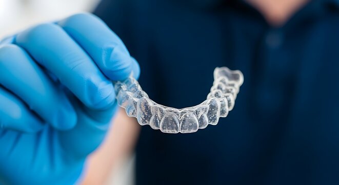 Blue gloved hand holding clear dental aligner image