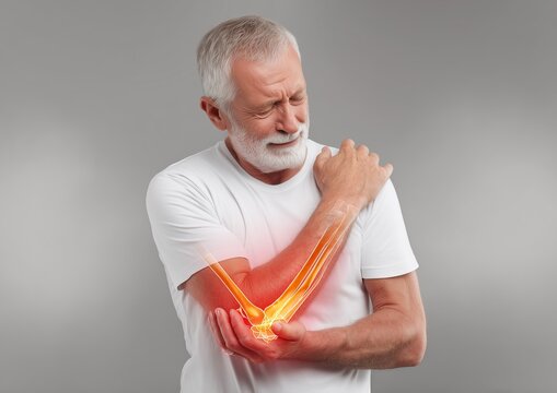 Senior man with elbow pain shown in stylized X-ray view