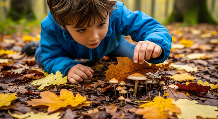 Curious Discovery in Autumn's Embrace: A young explorer, captivated by the wonders of nature, meticulously examines a cluster of mushrooms amidst the vibrant, fallen leaves of autumn.