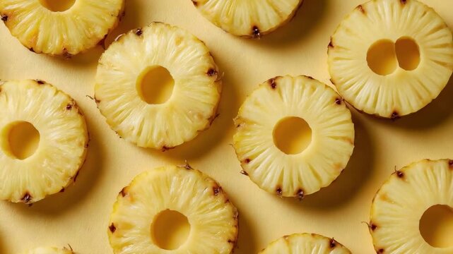 Pineapple rings arranged on a pale yellow background.