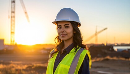 hispanic female engineer on building site wearing hard hat, high vis vest at sunset golden hour with cranes on the horizon