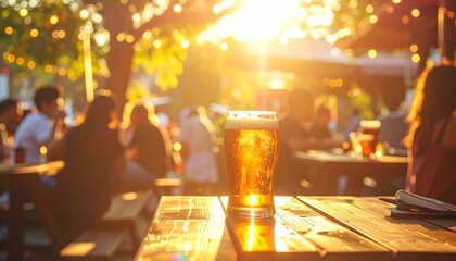 outdoor beer garden bar with people in golden hour sunshine