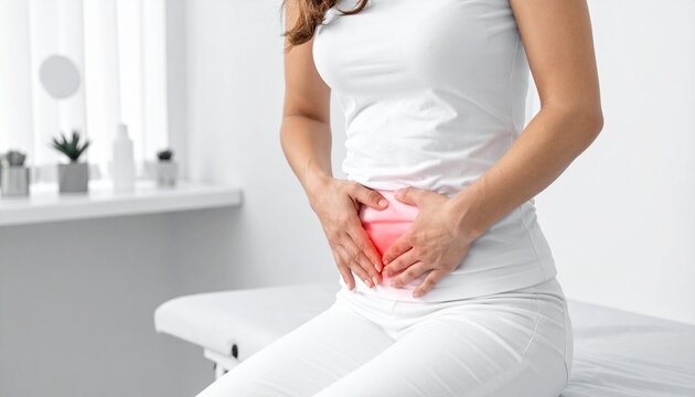 woman holding belly in pain in doctor office, from period cramps or endometriosis