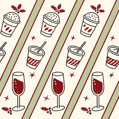 Seamless holiday pattern with various drinks in vertical stripes. Seamless pattern with martini cocktail glasses and stars in vertical stripes. Hand drawn ink vector illustration.