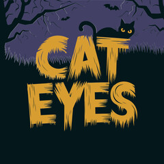Spooky black cat with glowing eyes and cat eyes text halloween theme isolated on transparent background