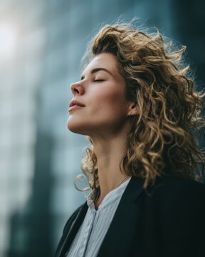 Woman standing outside the office, breathing fresh air to reset and find mindfulness.
