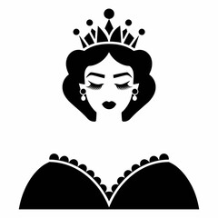 Elegant black silhouette of a queen wearing a crown and jewelry isolated on transparent background
