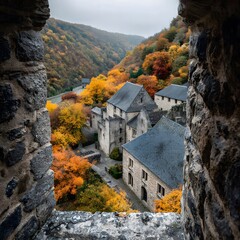 Autumnal View: A scenic view captured from a stone window, revealing a historic stone building nestled amid the stunning autumn colors of the surrounding landscape.