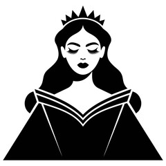 Elegant black silhouette of a queen with crown and flowing hair isolated on transparent background