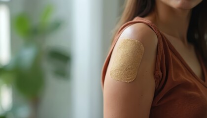 Woman shows vaccination bandage on arm. She got flu shot for health. Protection against disease spread is important for community wellness and herd immunity.