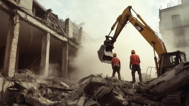 Demolition Dynamics: An excavator dismantles a building under the watchful gaze of two workers, amidst a cloud of dust.