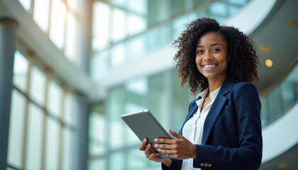 Smiling African American woman holds tablet computer. Pro lady uses device, stands indoors. Modern female businesswoman, confident and happy, wears suit jacket.