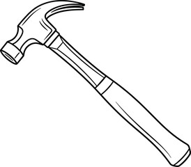Black and white line art illustration of a classic claw hammer, ideal for construction, DIY, repair, or tool-themed vector designs and educational content