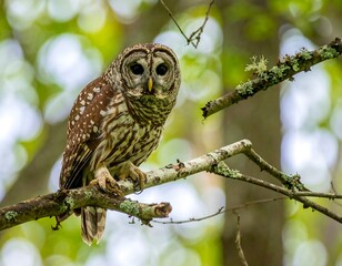 A close-up portrait of a barred owl perched on a branch, surrounded by lush green foliage and soft bokeh