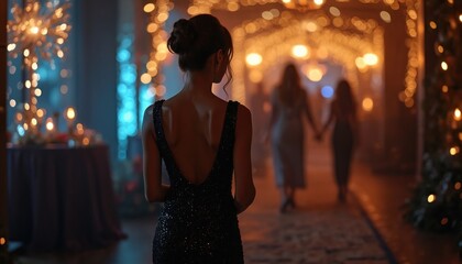 Brunette in open back dress at event. Woman wears black sparkling gown. Party ambience with decor, festive lights. Attendees arrive. Event luxury lifestyle. Promoters seek upscale party photos.