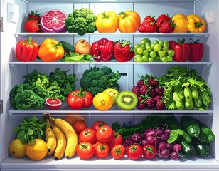 A brightly lit refrigerator interior filled to the brim with a colorful array of fresh fruits and vegetables