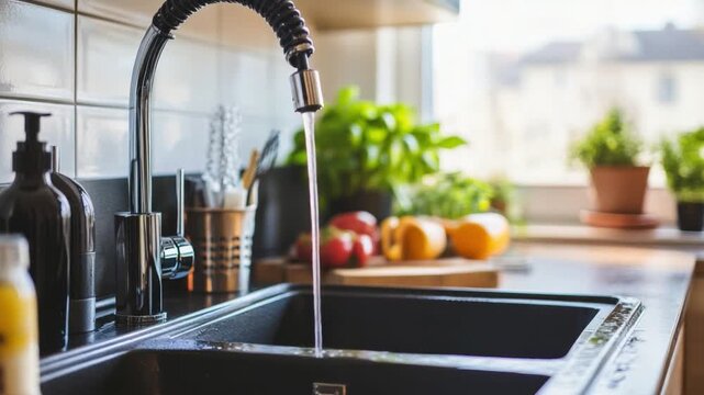 Flowing Water in Kitchen: Water cascades gracefully from a modern faucet into a kitchen sink, set against a backdrop of fresh fruits, verdant herbs, and natural light.