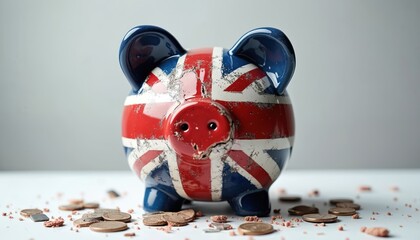 Cracked piggy bank with UK flag pattern. Broken piggybank coin saving concept. Financial crisis concept with shattered money box. Economic downturn, recession in Britain. Loss of investment,