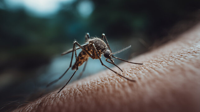 Ai close-up view of a mosquito feeding on human skin in a natural outdoor setting during daytime