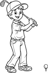 Black and white line art illustration of a young boy playing golf, perfect for sports, leisure activity, or educational coloring page content