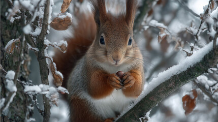 Fototapeta premium Ai squirrel holding a nut in snowy forest during winter season, sitting on a fir tree