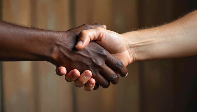 Two hands, one dark skinned, one light skinned, clasp in firm handshake. Agreement, partnership, unity. Connection signifies trust, collaboration between different people entities, suggesting