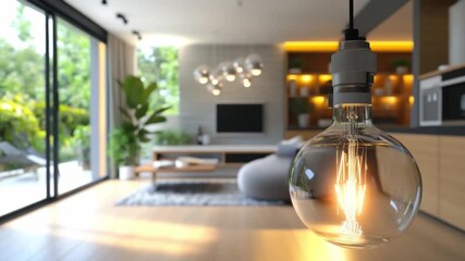 Modern interior with hanging bulb: a cozy living room with a clear bulb hanging in the front and interior of the home