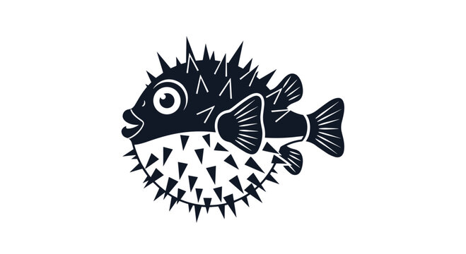 A simple, dark-colored illustration of an inflated pufferfish, showcasing its spiky defense mechanism on a white backdrop.
