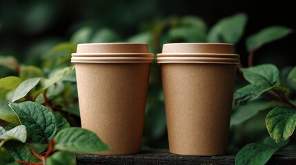 Two ecofriendly coffee cups with green leaves in the background