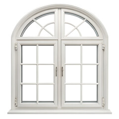 White arched double casement window with grid panes and handles, architectural detail
