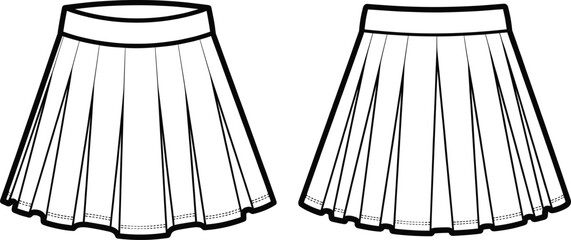 Pleated skirt technical flat sketch, two style variations, fashion design template, waistband, flared silhouette, vertical pleats, hemline comparison illustration