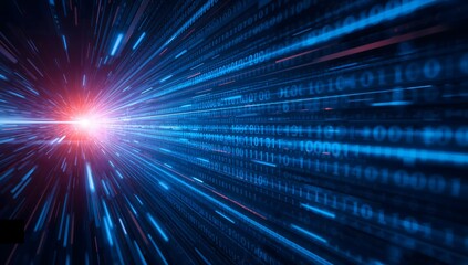 Abstract visualization of digital data flow in cyberspace, with binary code streaking across the screen. The image radiates an electric light