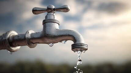 Water tap with dripping water against a cloudy sky background