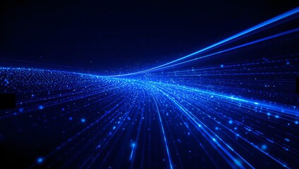 A mesmerizing display of digital data streams, with blue light illuminating a futuristic landscape. The image evokes a sense of technology and innovation. 