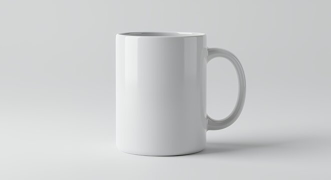 White ceramic mug with handle on white background.