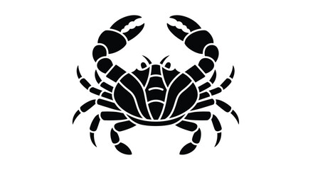 A stylized black and white illustration of a crab, depicted front-facing with claws raised, often representing the Cancer zodiac sign or marine life.