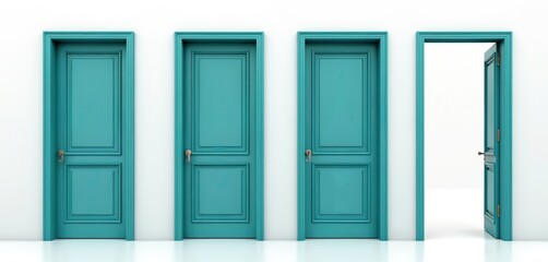 Three teal doors are closed and one door stands open on a white wall. Concept represents choice new beginnings opportunity and different ways. Decision making path.