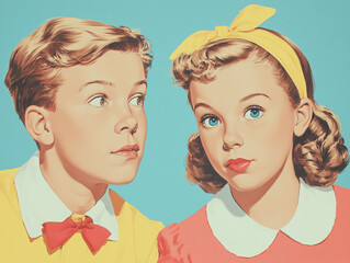 Vintage Children Portrait, Retro Style, Bright Colors, Classic Nostalgia Vibe, 1950s Aesthetic