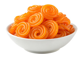 Sweet orange spiral fried pastries in a white bowl, indian dessert, sugary treats, snack time