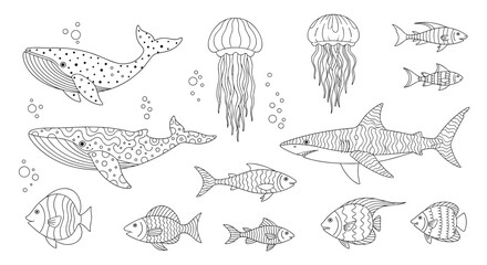 Fototapeta premium A collection of various marine animals including whales, jellyfish, sharks, and fish, presented as black and white line art suitable for coloring books.