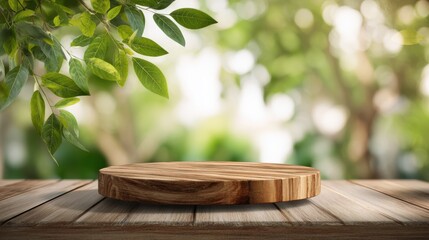 Wooden podium with green leaves on a blurred background in the garden